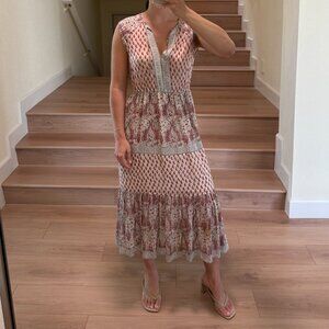 Ulla Johnson Off White & Red Paisley Tiered Midi Dress Size US 2